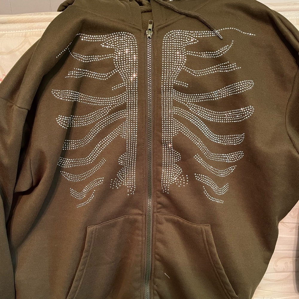 Bedazzled dark green skeleton zip up sweater - size L/XL
